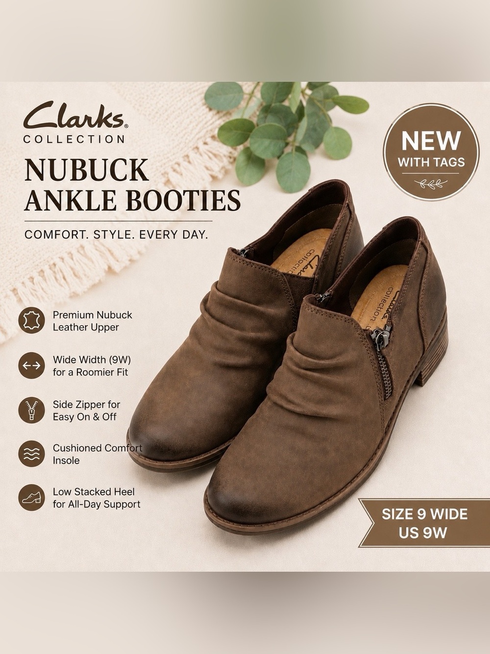 NWT Clarks Collection Wide Width (9W) Taupe Nubuck Ankle Booties